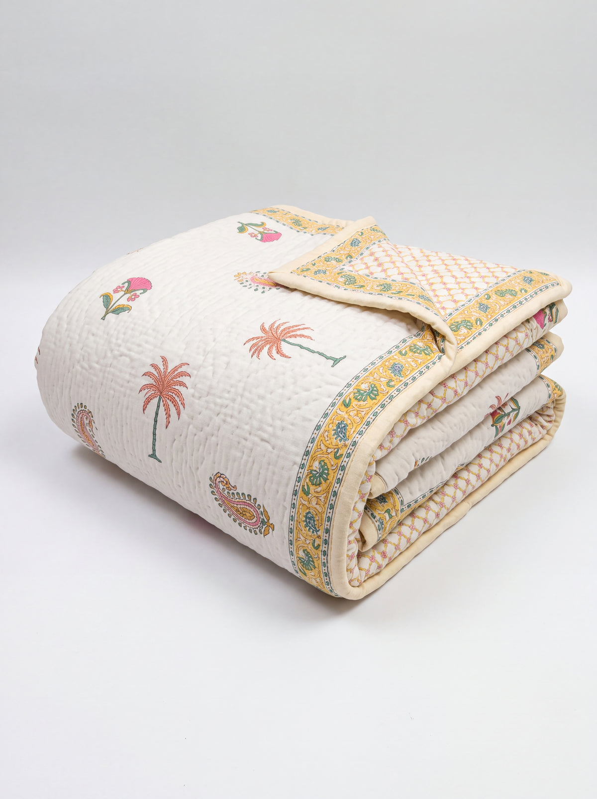 Ivory Floral & Paisley Printed Cotton Razai with Pink, Green & Mustard Motifs