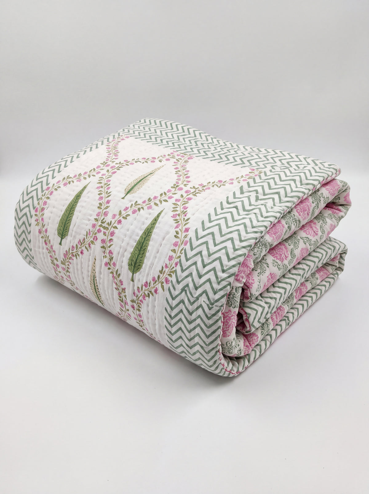 Ivory Pink Floral & Green Leaf Printed Cotton Razai with Chevron Border