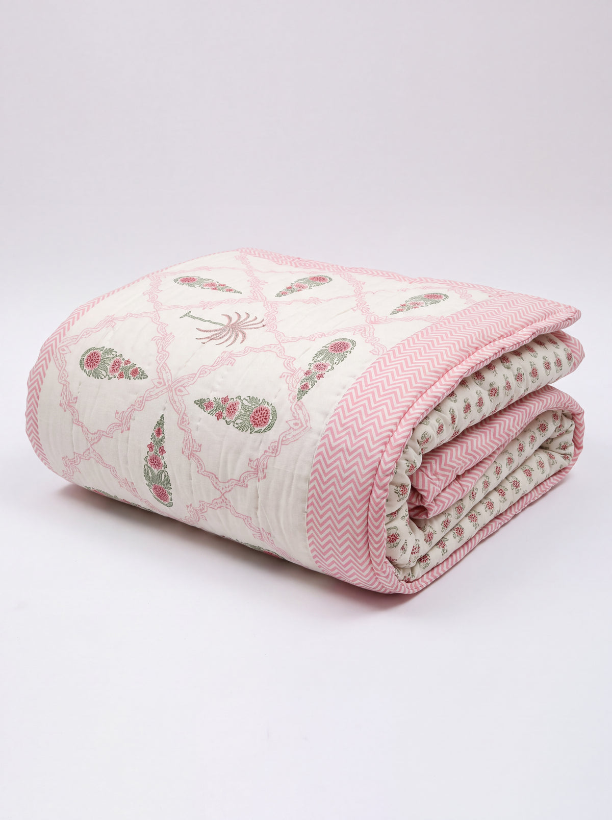 Ivory Pink Paisley Printed Cotton Razai with Green Floral Motifs & Chevron Border