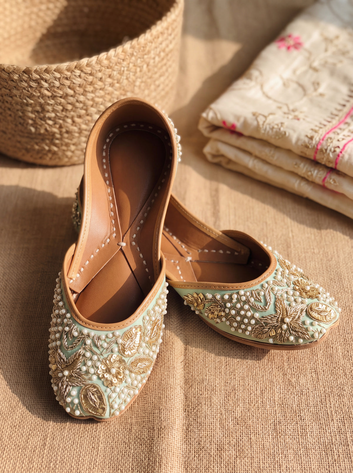 Mint Green Pearl Embroidered Jutti