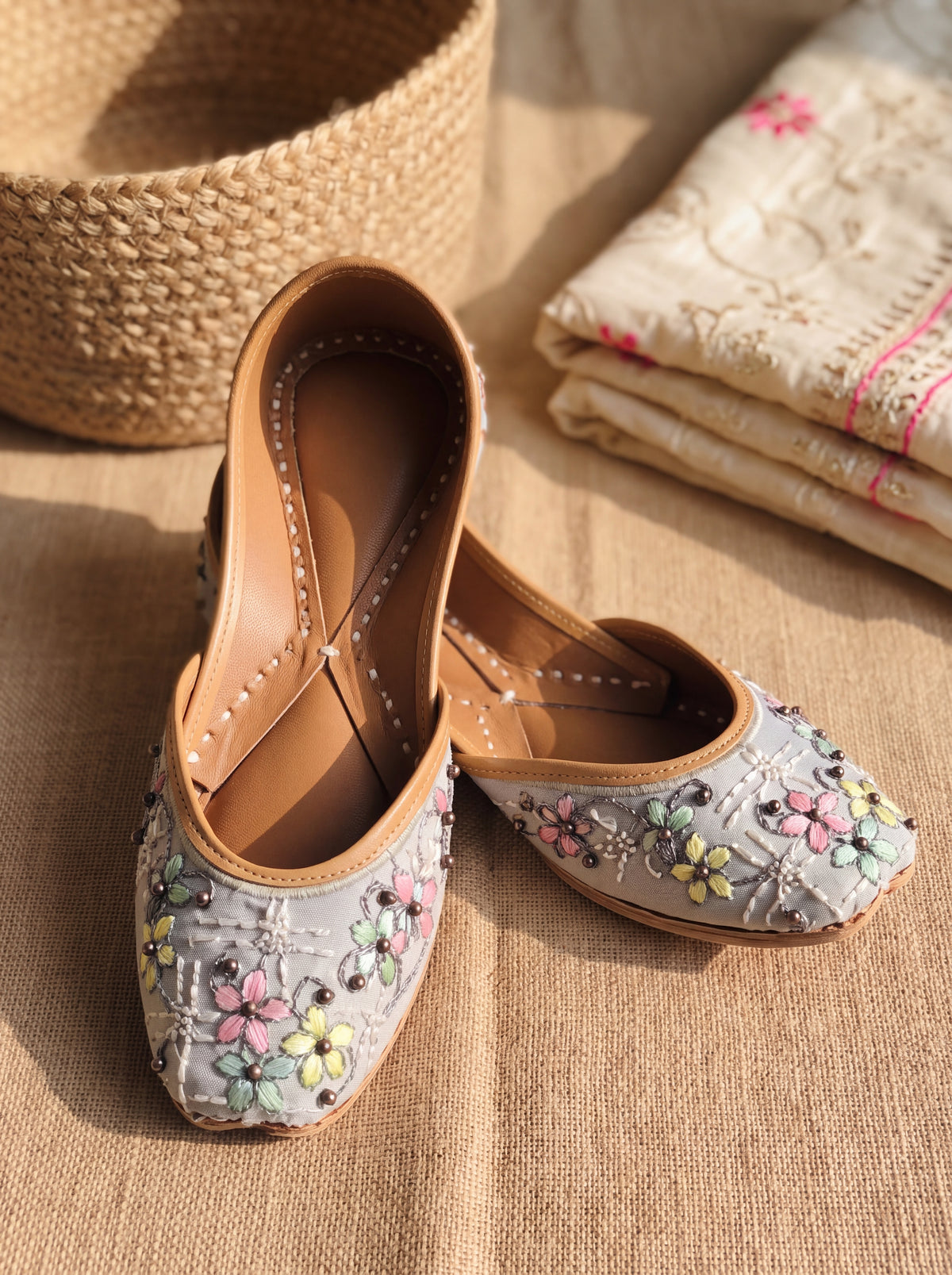 Grey Floral Embroidered Jutti