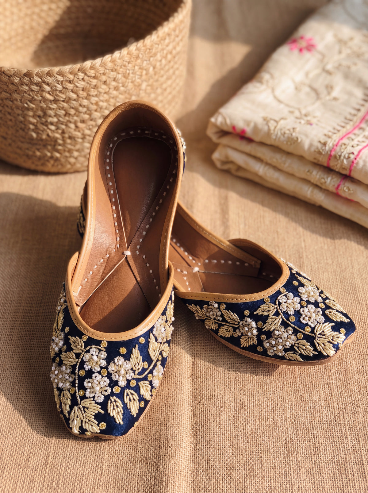 Midnight Blue Silk Embroidered Jutti