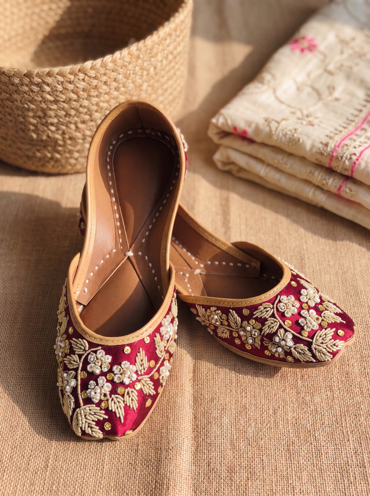 Blossom Wine Silk Embroidered Jutti