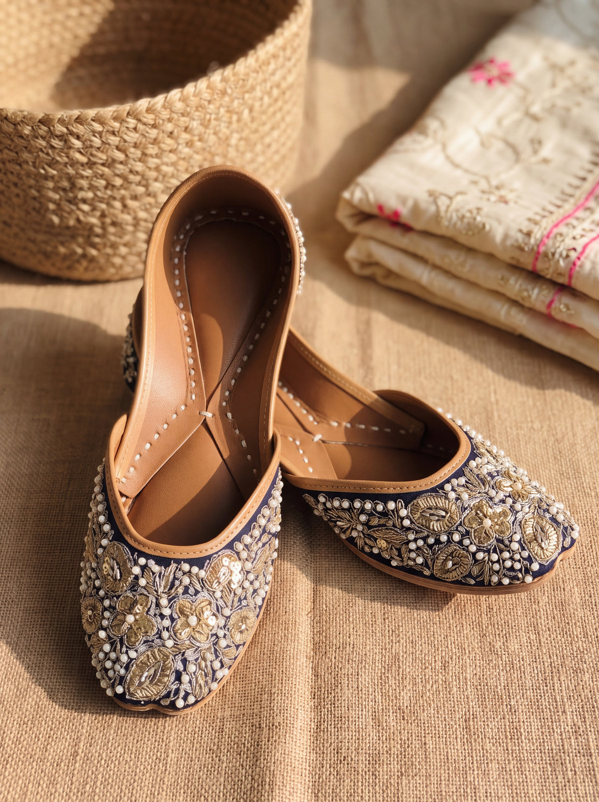 Navy Blue Pearl Embroidered Jutti