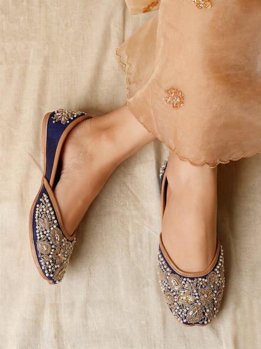 Navy Blue Pearl Embroidered Jutti