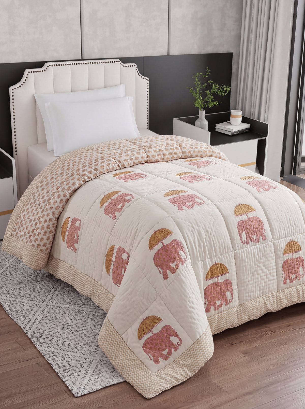 Ivory Pink Elephant Printed Cotton Razai with Golden Umbrella Print