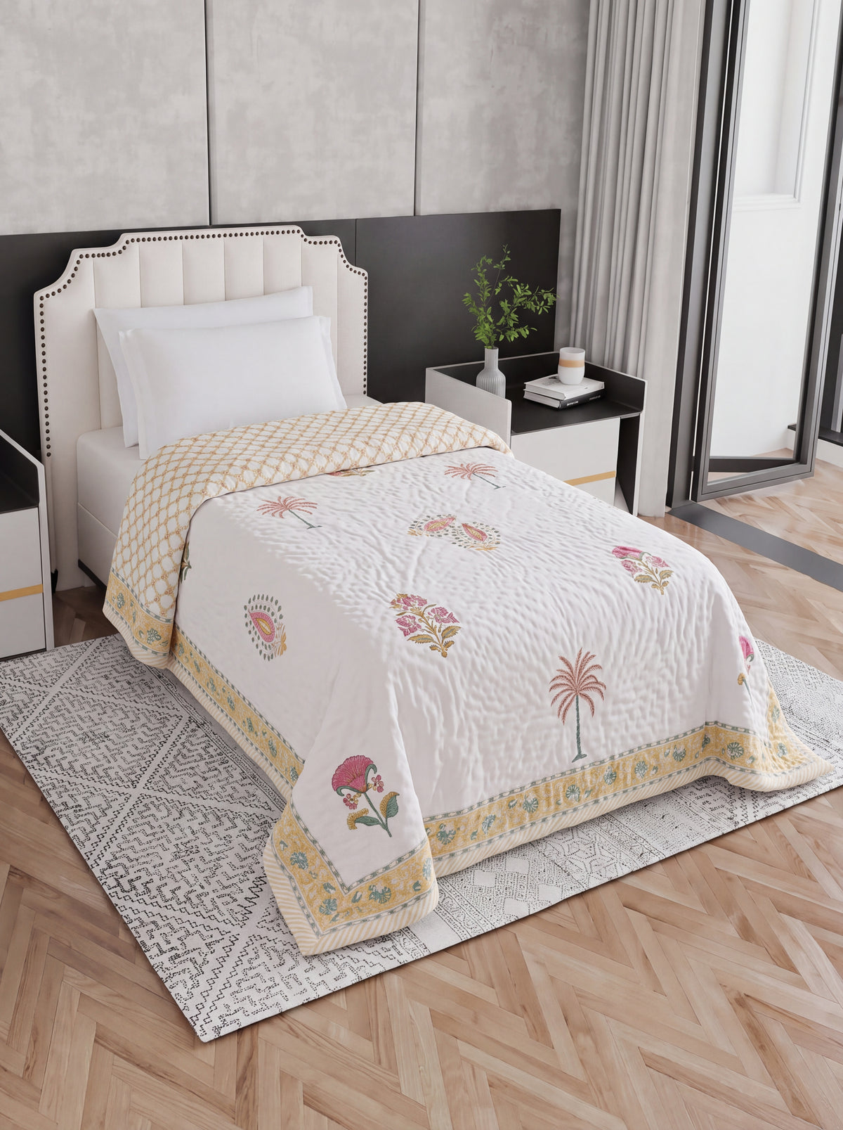 Ivory Floral & Paisley Printed Cotton Razai with Pink, Green & Mustard Motifs