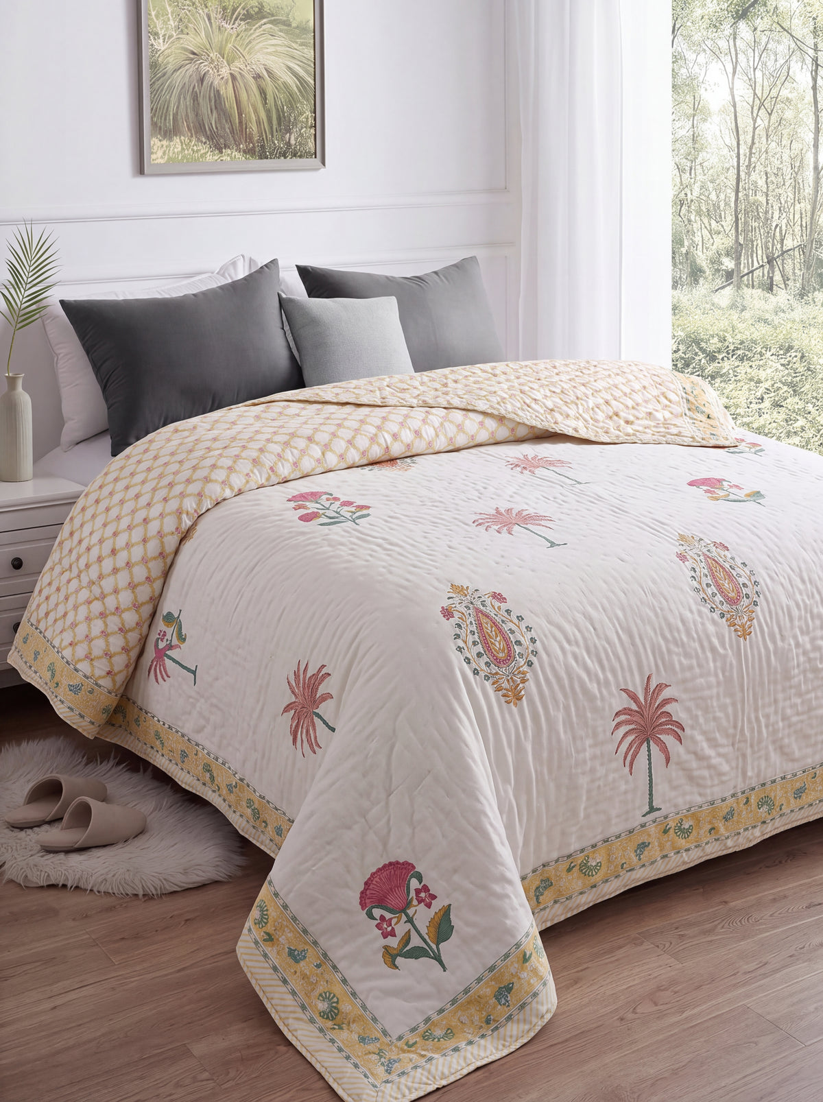 Ivory Floral & Paisley Printed Cotton Razai with Pink, Green & Mustard Motifs