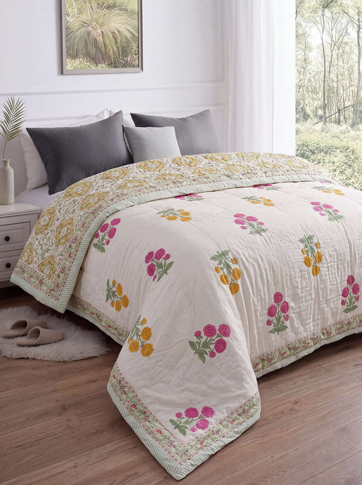 Ivory Pink & Yellow Floral Printed Cotton Razai with Green Leaf Motifs