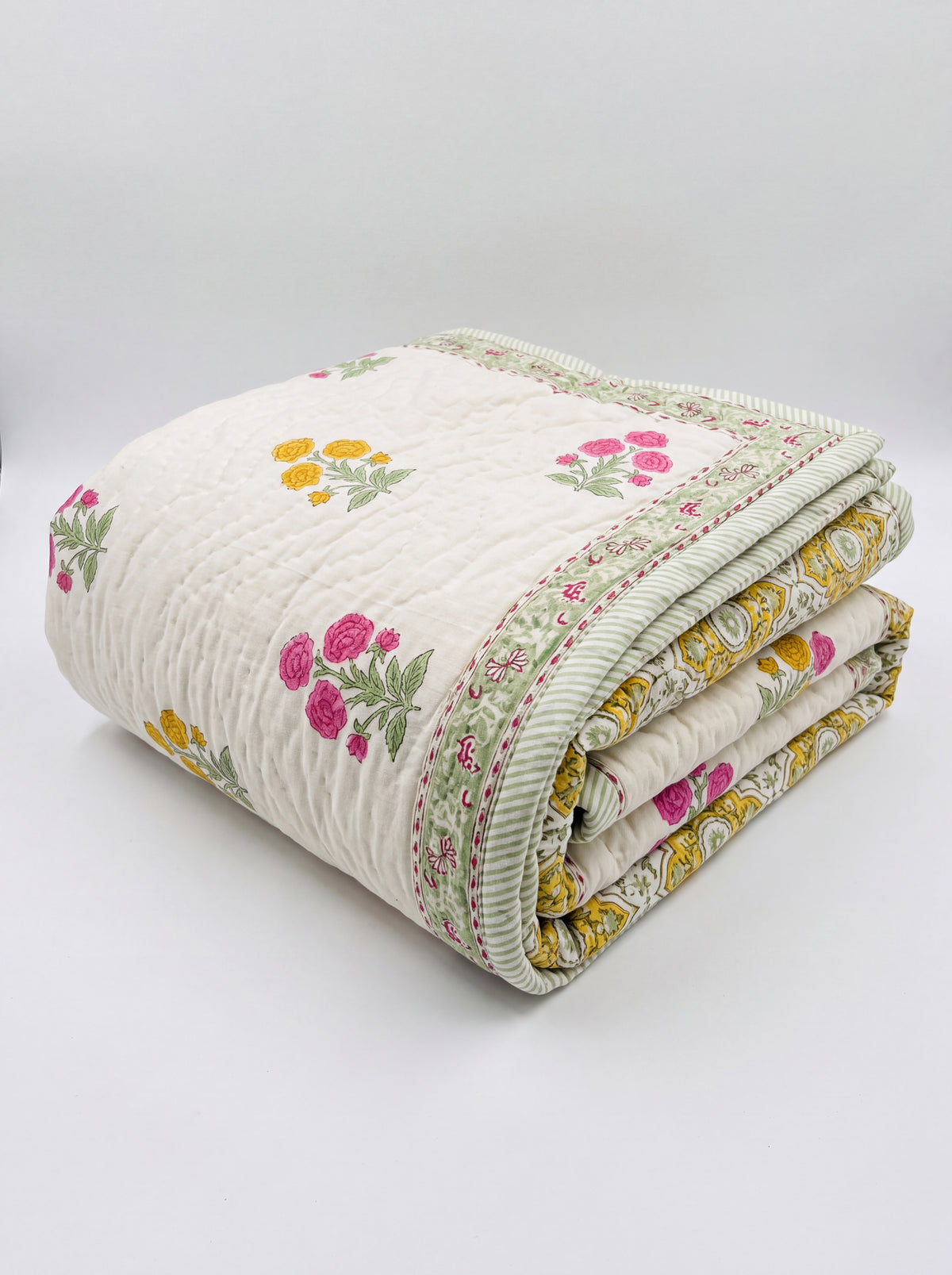 Ivory Pink & Yellow Floral Printed Cotton Razai with Green Leaf Motifs