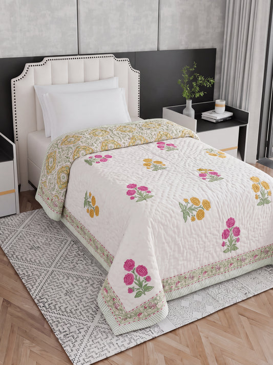 Ivory Pink & Yellow Floral Printed Cotton Razai with Green Leaf Motifs