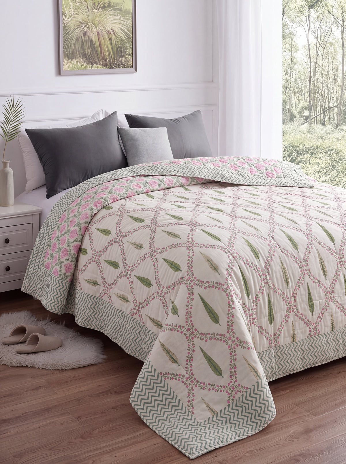 Ivory Pink Floral & Green Leaf Printed Cotton Razai with Chevron Border