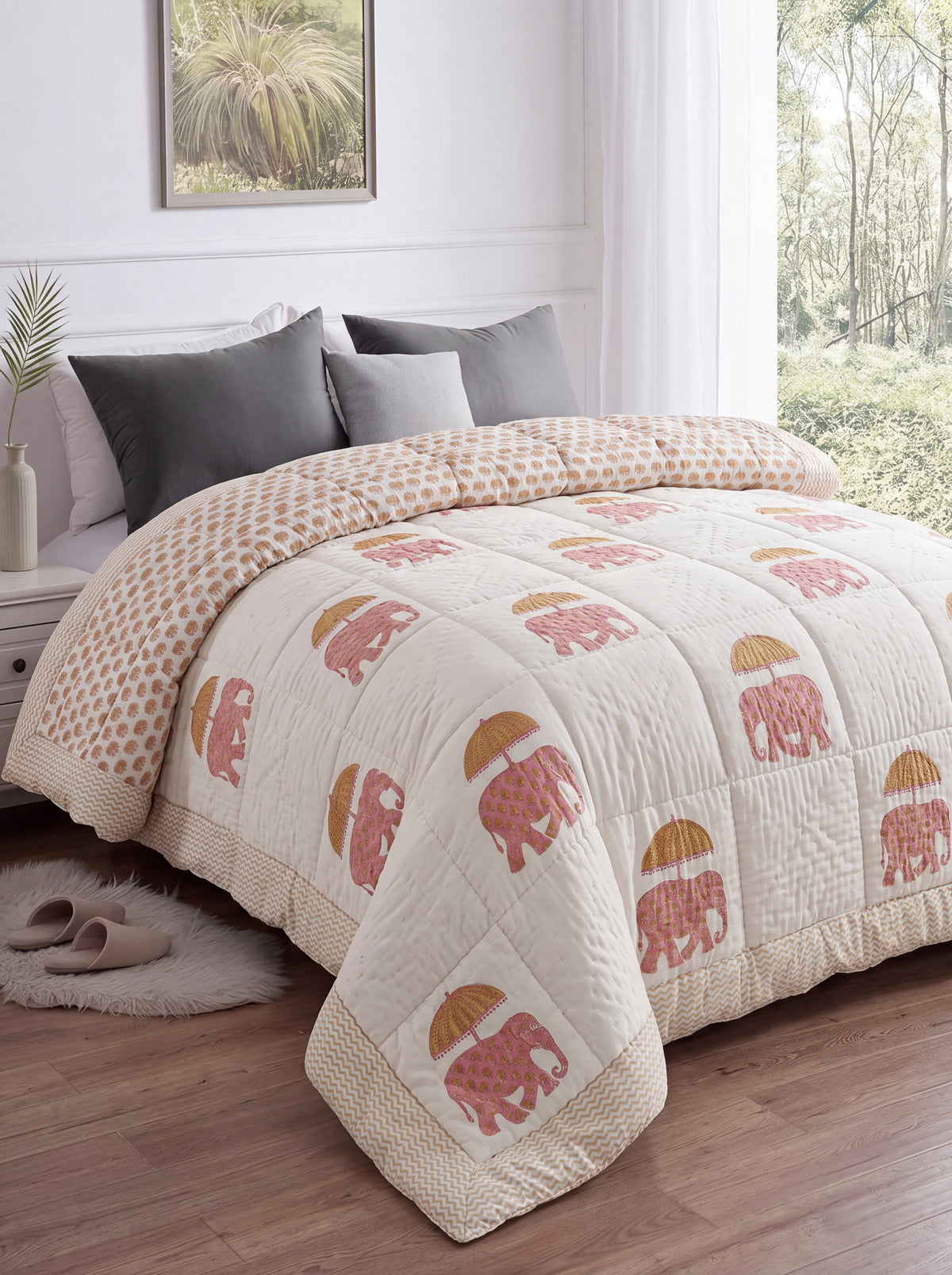 Ivory Pink Elephant Printed Cotton Razai with Golden Umbrella Print