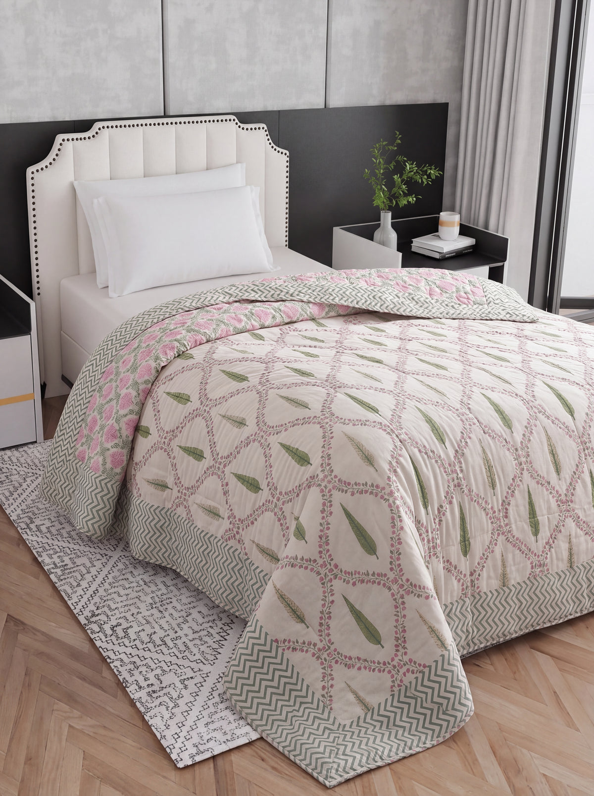 Ivory Pink Floral & Green Leaf Printed Cotton Razai with Chevron Border