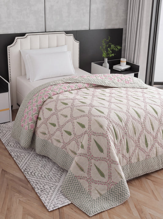 Ivory Pink Floral & Green Leaf Printed Cotton Razai with Chevron Border