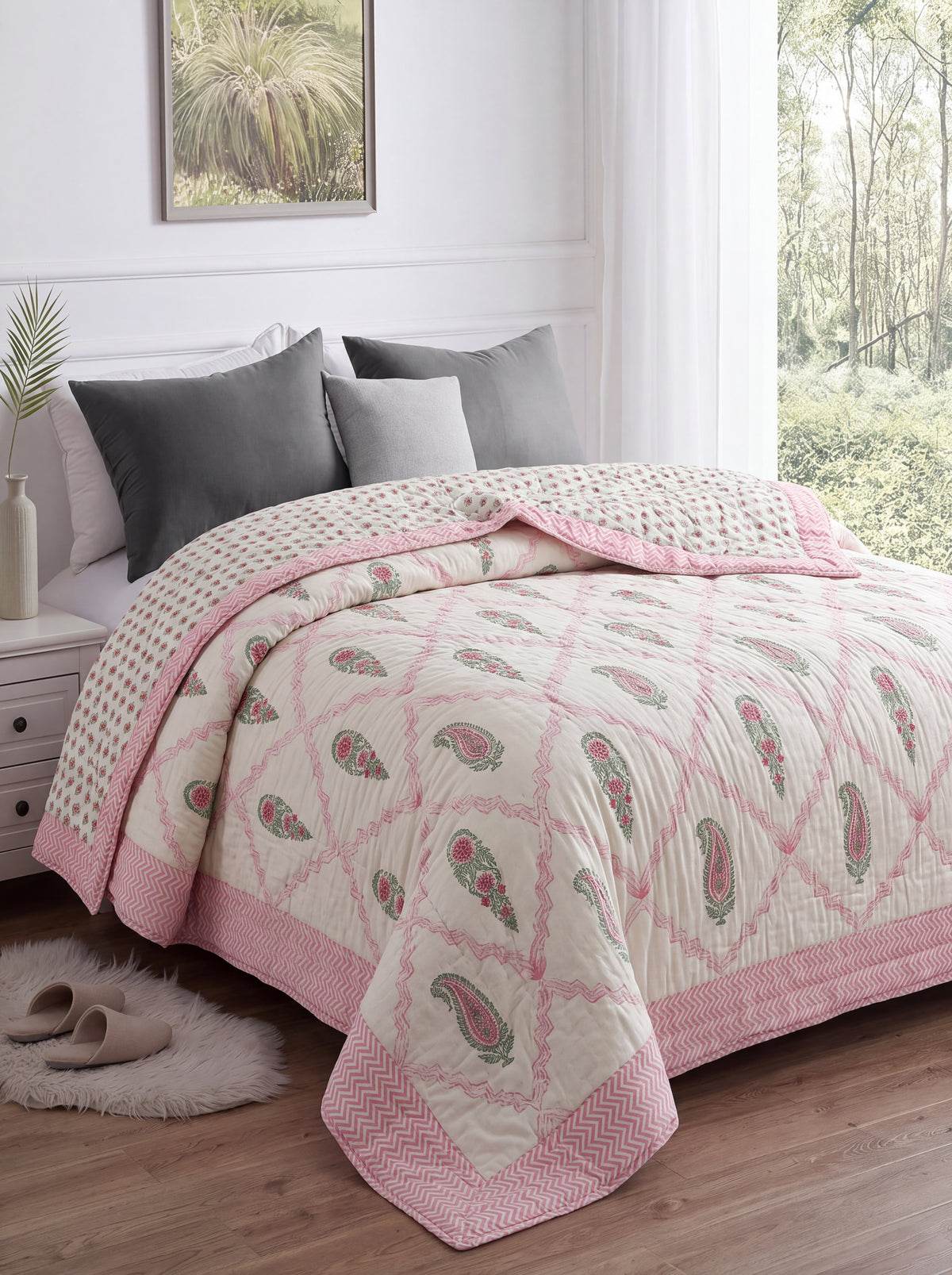 Ivory Pink Paisley Printed Cotton Razai with Green Floral Motifs & Chevron Border