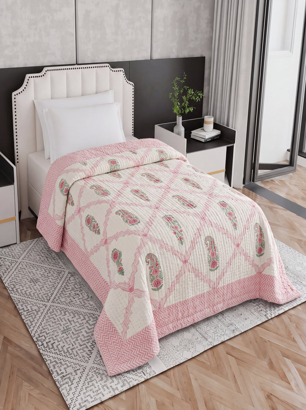 Ivory Pink Paisley Printed Cotton Razai with Green Floral Motifs & Chevron Border