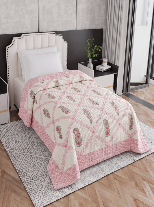 Ivory Pink Paisley Printed Cotton Razai with Green Floral Motifs & Chevron Border