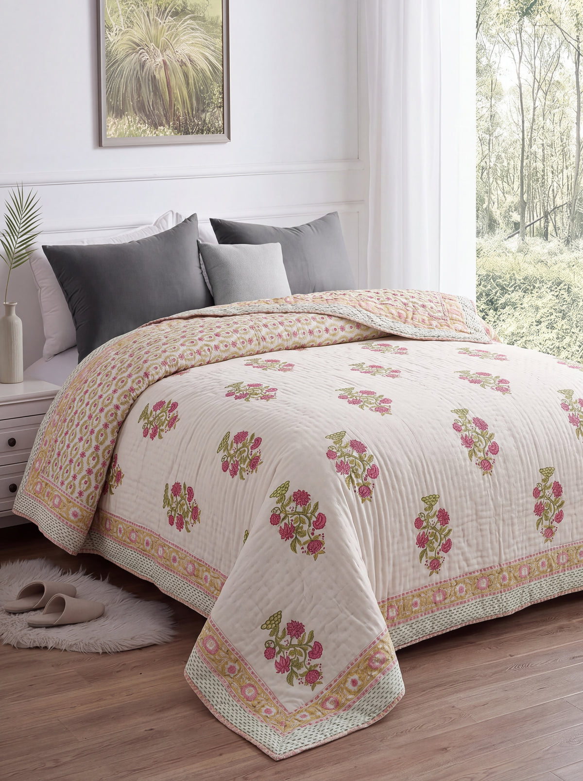 Ivory Pink Floral Printed Cotton Razai with Green & Golden Botanical Motifs