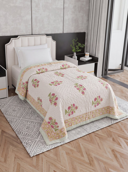 Ivory Pink Floral Printed Cotton Razai with Green & Golden Botanical Motifs