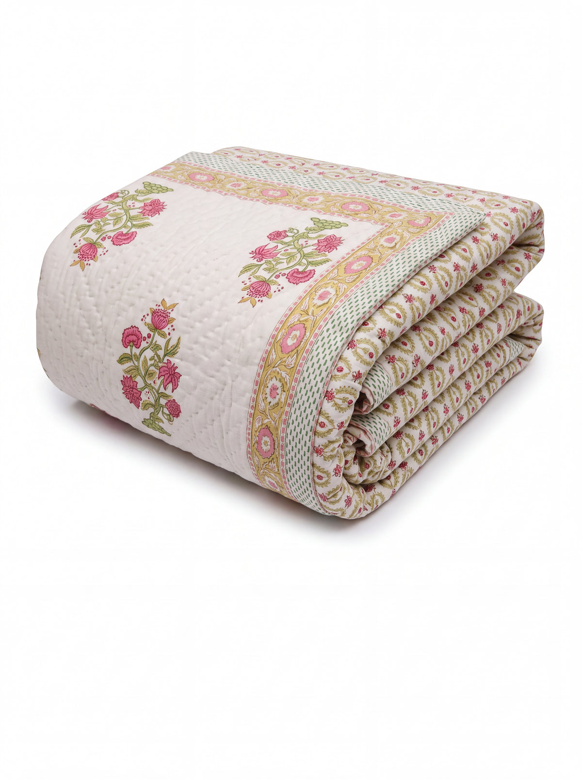 Ivory Pink Floral Printed Cotton Razai with Green & Golden Botanical Motifs