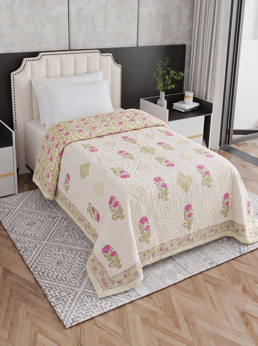 Ivory Pink Floral Printed Cotton Razai with Green Leaf Motifs