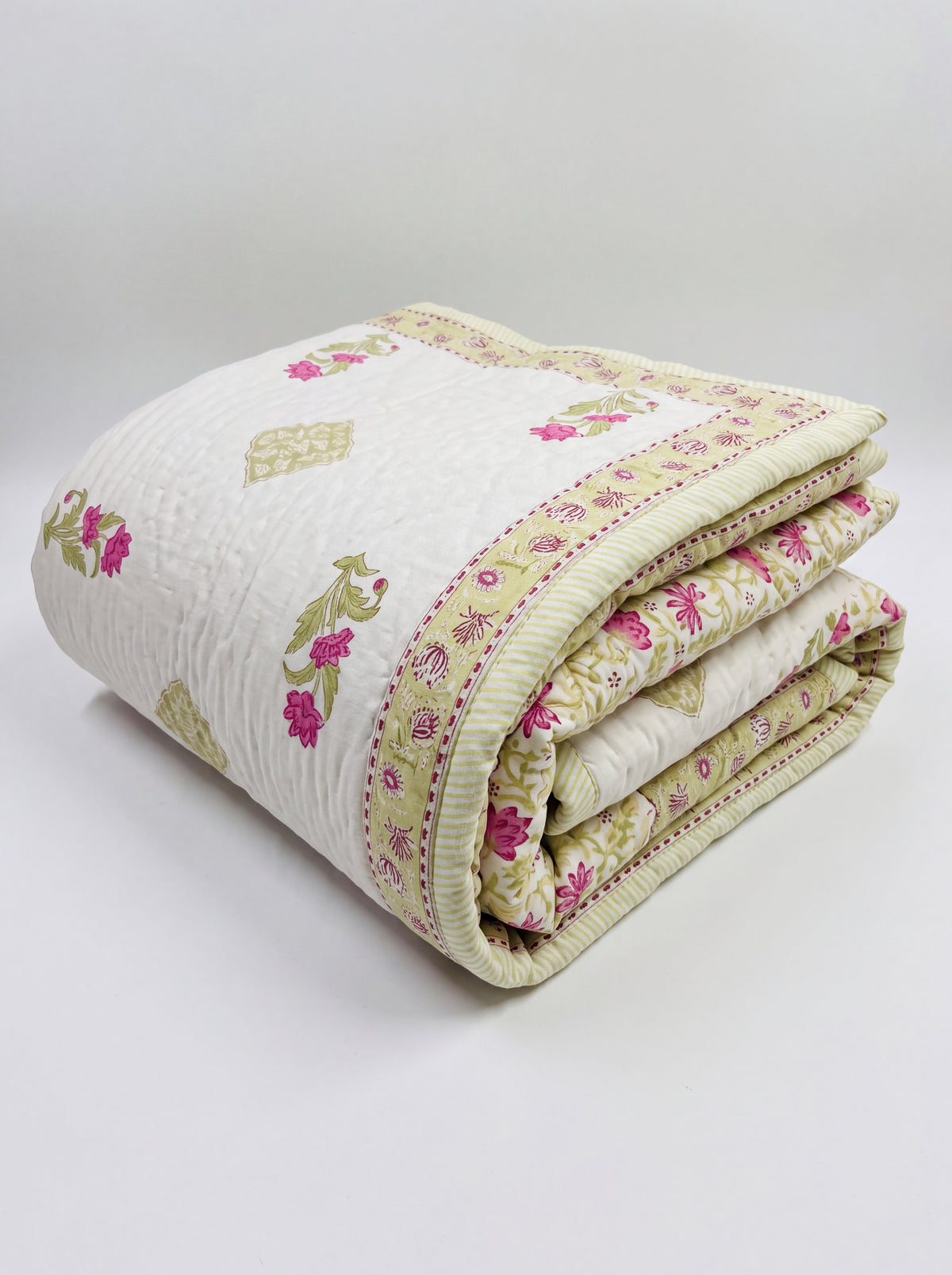 Ivory Pink Floral Printed Cotton Razai with Green Leaf Motifs