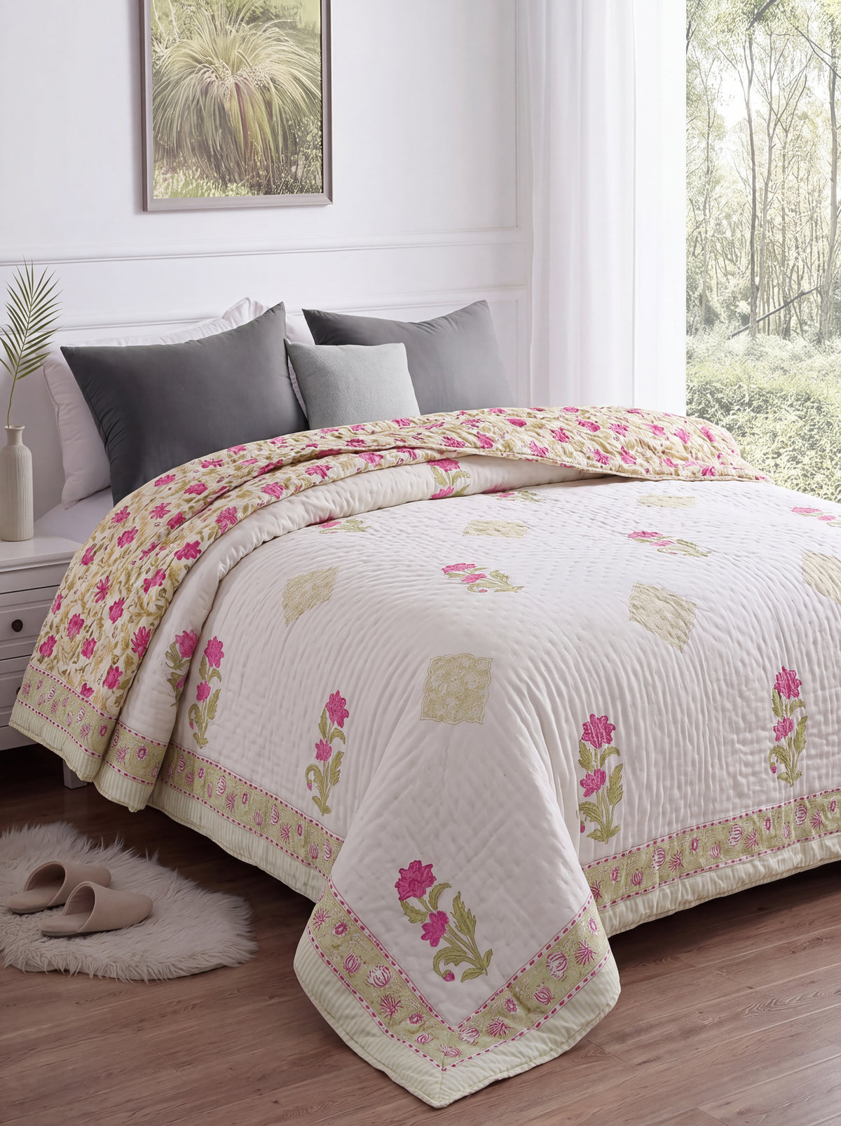 Ivory Pink Floral Printed Cotton Razai with Green Leaf Motifs