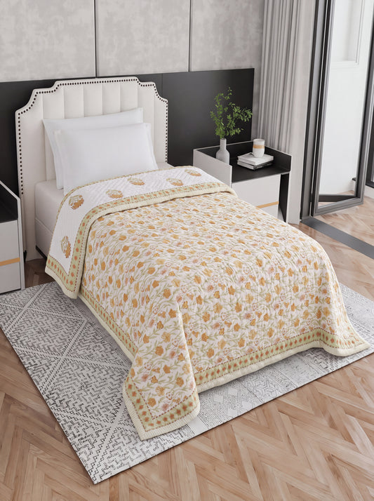 Ivory Golden Floral Printed Cotton Razai with Green Leaf Motifs