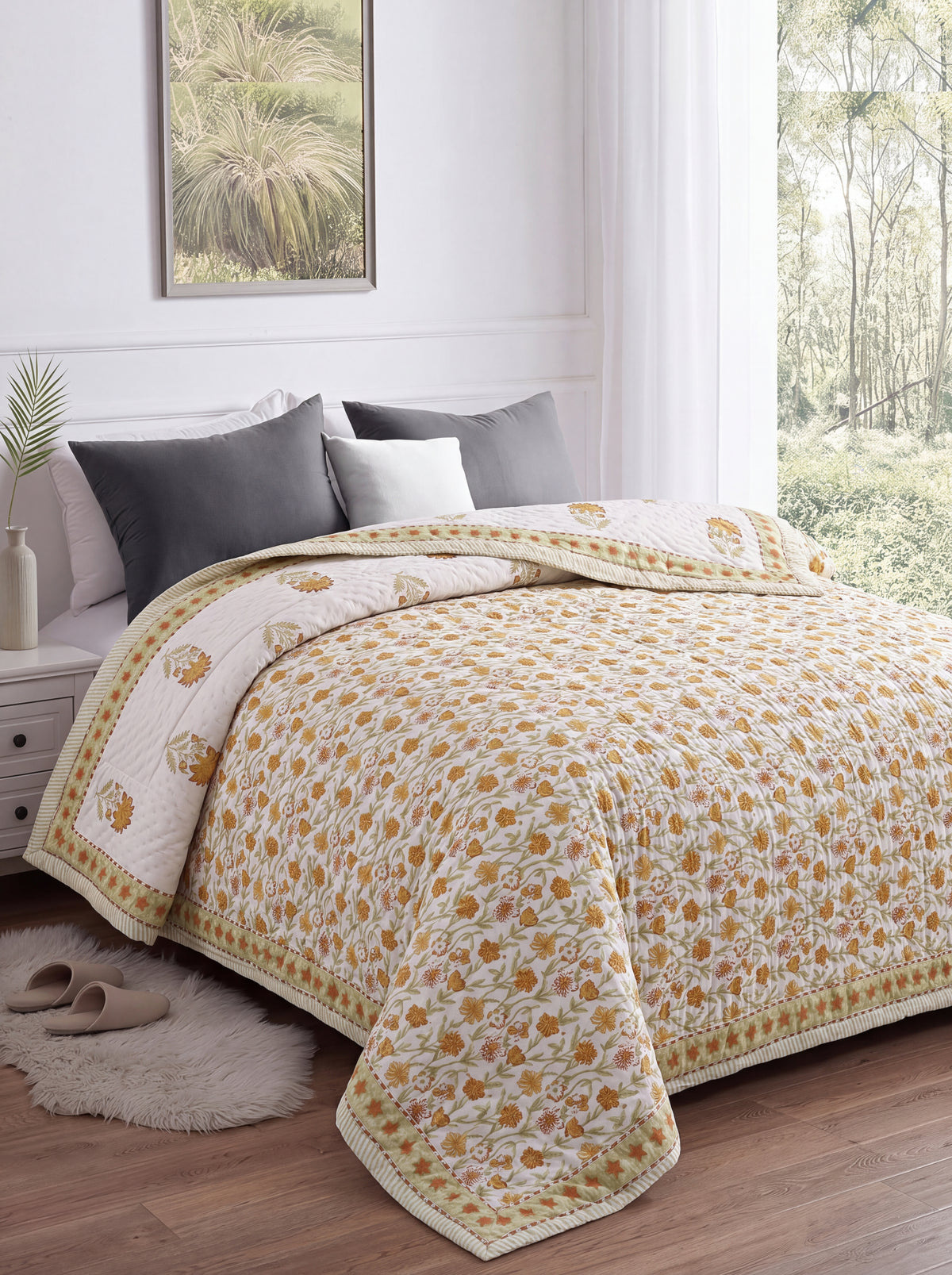 Ivory Golden Floral Printed Cotton Razai with Green Leaf Motifs
