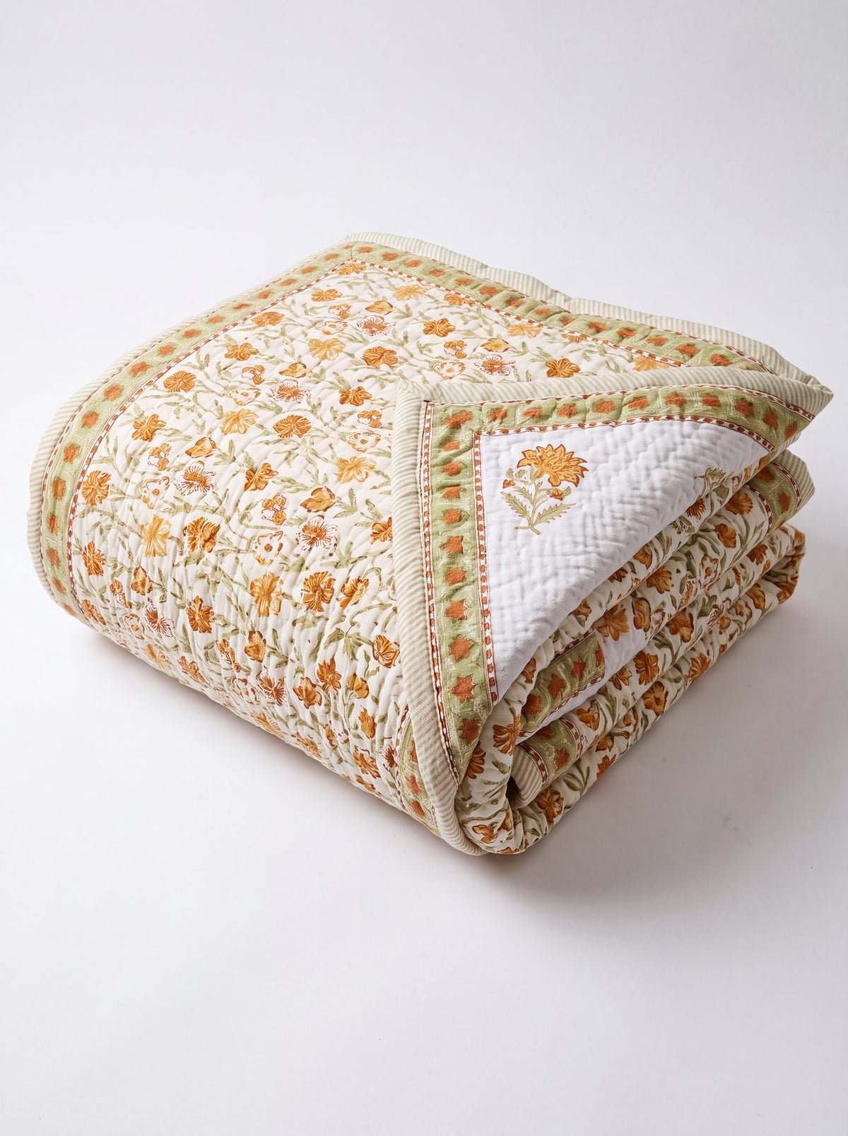 Ivory Golden Floral Printed Cotton Razai with Green Leaf Motifs